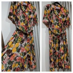 Vintage Fruit & floral button front dress w/ belt